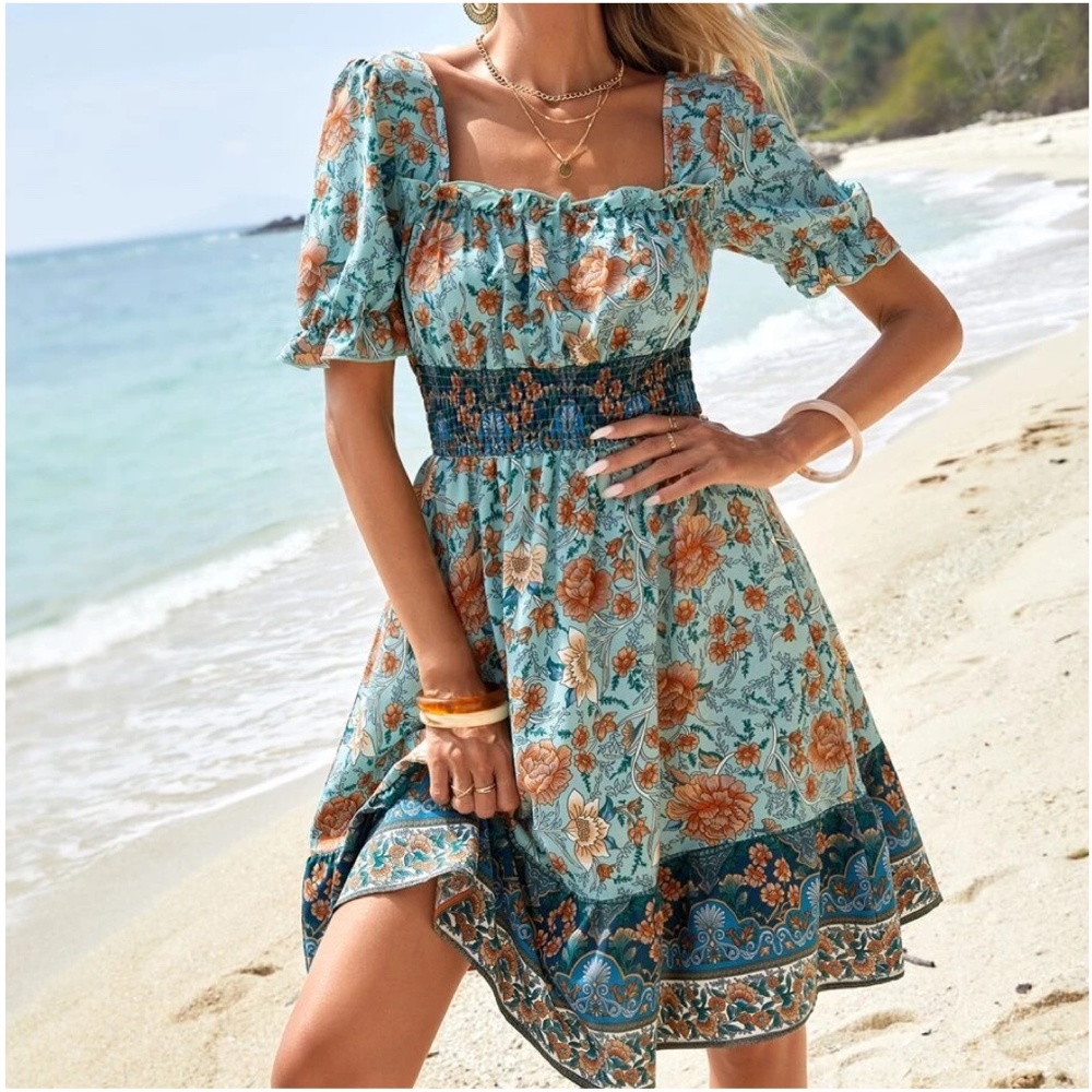 Boho Floral Print Puff Sleeve Mini Dress - Picture 1 of 5